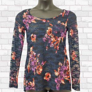 Red Camel Blue Floral Sheer Lace Top - Size M